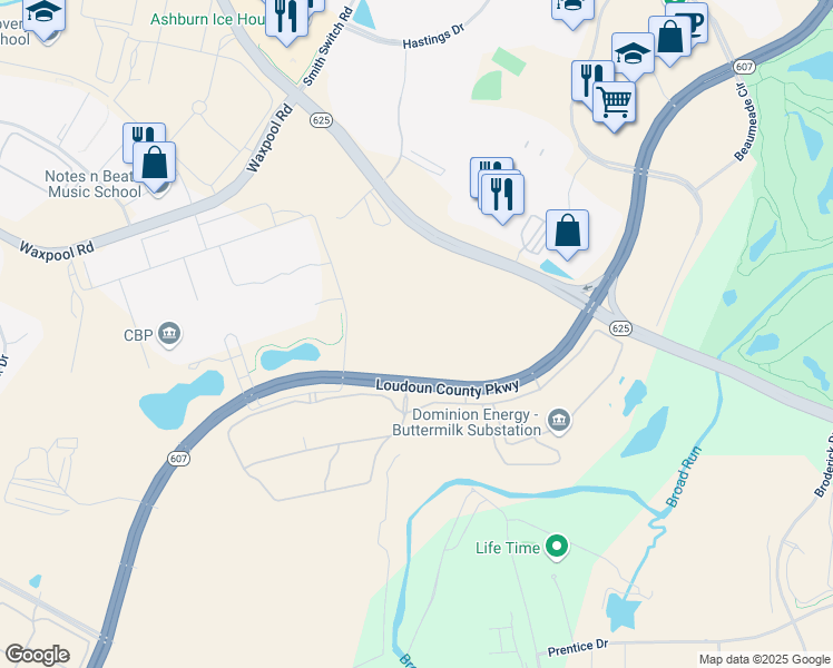 map of restaurants, bars, coffee shops, grocery stores, and more near 21955 Loudoun County Parkway in Ashburn