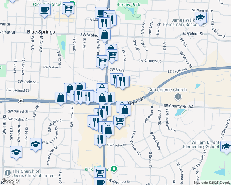 map of restaurants, bars, coffee shops, grocery stores, and more near 625 Southwest US Highway 40 in Blue Springs