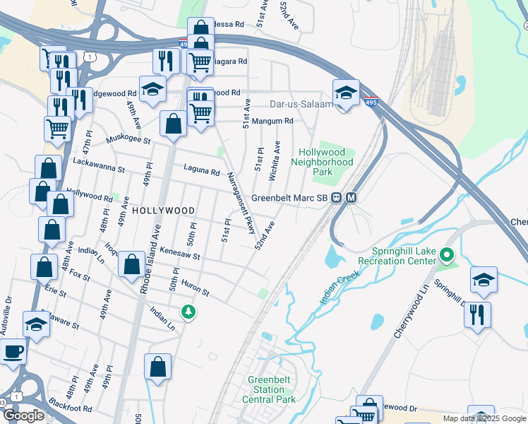 map of restaurants, bars, coffee shops, grocery stores, and more near 5124 Keota Terrace in College Park