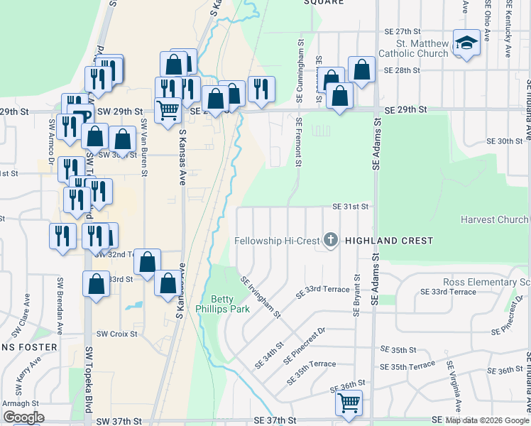 map of restaurants, bars, coffee shops, grocery stores, and more near 3100 Southeast Humboldt Street in Topeka