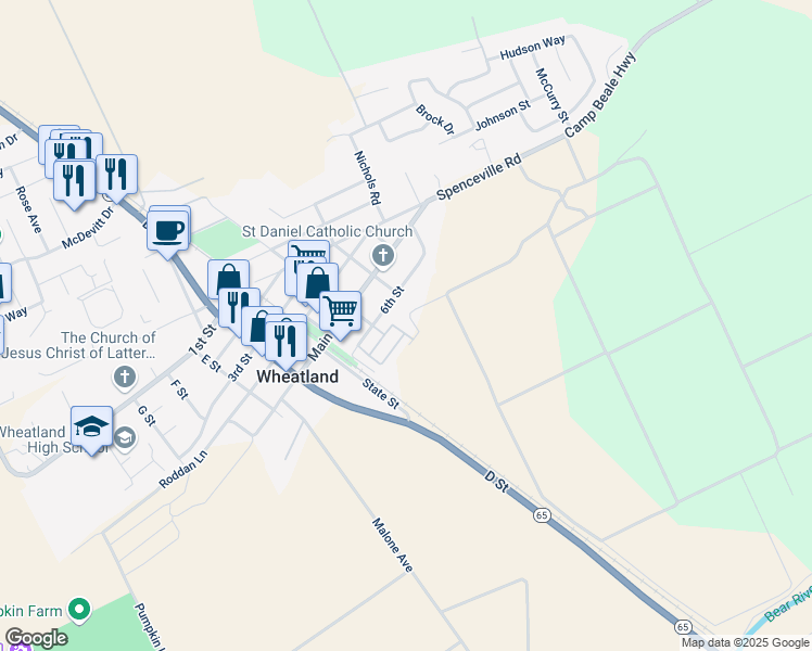 map of restaurants, bars, coffee shops, grocery stores, and more near 204 6th Street in Wheatland