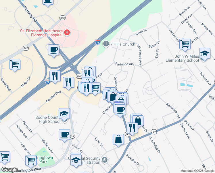 map of restaurants, bars, coffee shops, grocery stores, and more near 6770 Curtis Way in Florence
