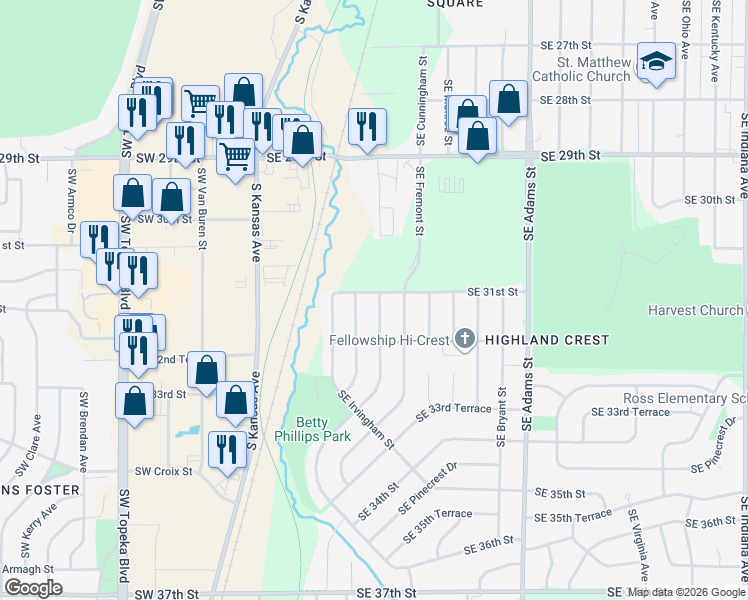 map of restaurants, bars, coffee shops, grocery stores, and more near 3100 Southeast Humboldt Street in Topeka