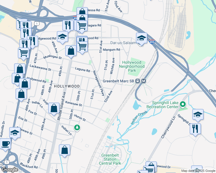 map of restaurants, bars, coffee shops, grocery stores, and more near 5124 Keota Terrace in College Park