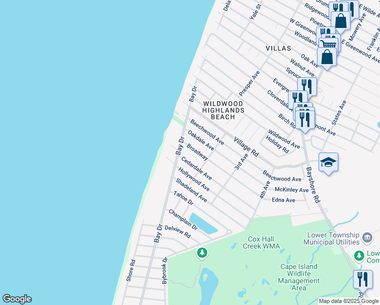 map of restaurants, bars, coffee shops, grocery stores, and more near 314 Broadway in Villas