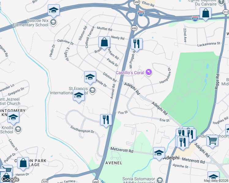 map of restaurants, bars, coffee shops, grocery stores, and more near 9409 Avenel Road in Silver Spring