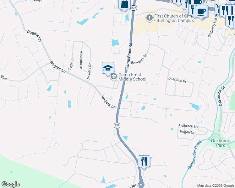 map of restaurants, bars, coffee shops, grocery stores, and more near 6597 Camp Ernst Road in Burlington