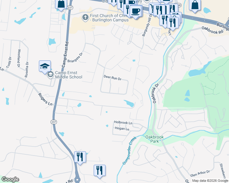 map of restaurants, bars, coffee shops, grocery stores, and more near 1687 Deer Run Drive in Burlington