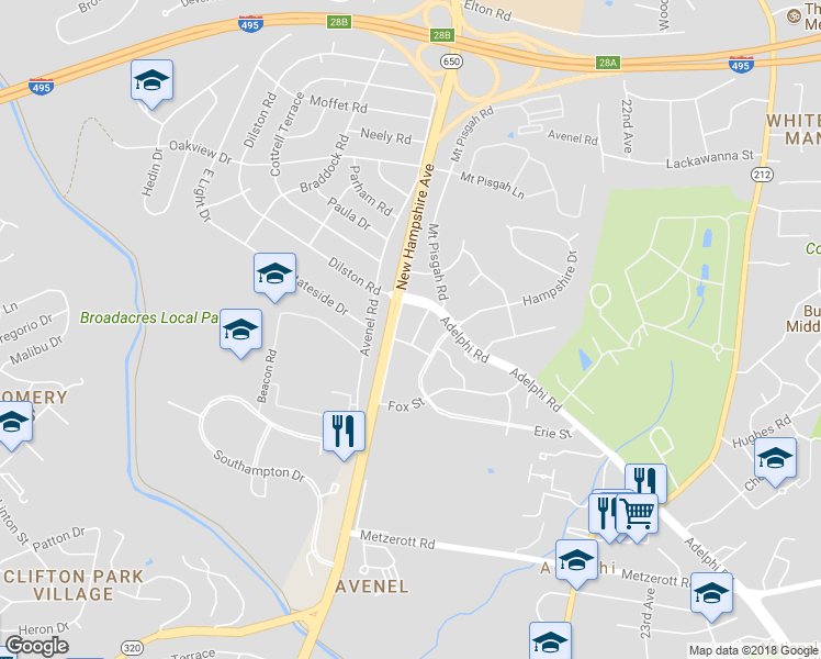 map of restaurants, bars, coffee shops, grocery stores, and more near 9402 Sierra Street in Silver Spring