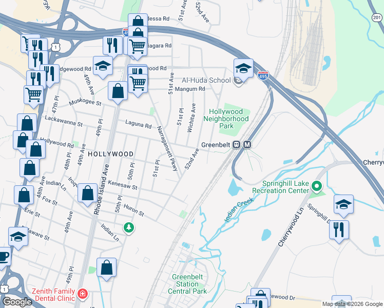 map of restaurants, bars, coffee shops, grocery stores, and more near 9628 52nd Avenue in College Park