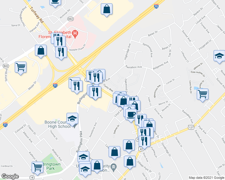 map of restaurants, bars, coffee shops, grocery stores, and more near 6770 Curtis Way in Florence
