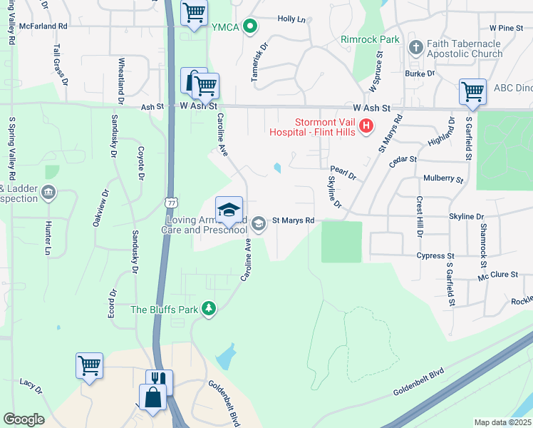 map of restaurants, bars, coffee shops, grocery stores, and more near 1528 Saint Marys Road in Junction City