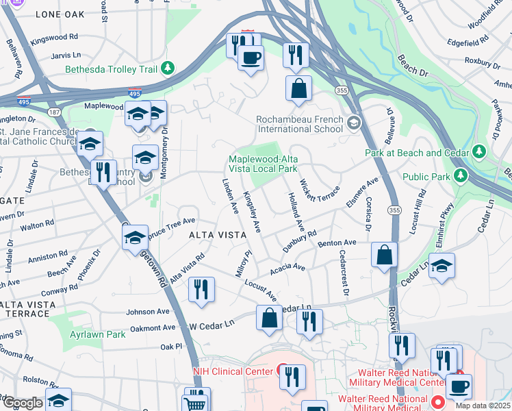 map of restaurants, bars, coffee shops, grocery stores, and more near 9415 Kingsley Avenue in Bethesda