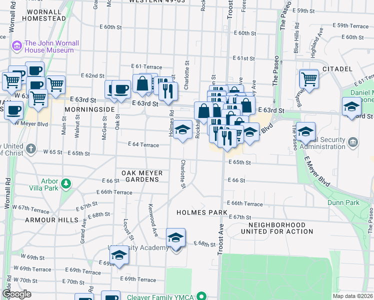 map of restaurants, bars, coffee shops, grocery stores, and more near 6429 Charlotte Street in Kansas City