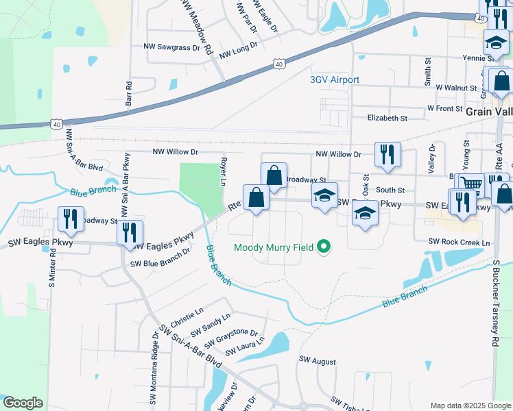 map of restaurants, bars, coffee shops, grocery stores, and more near 928 Stonebrook Lane in Grain Valley