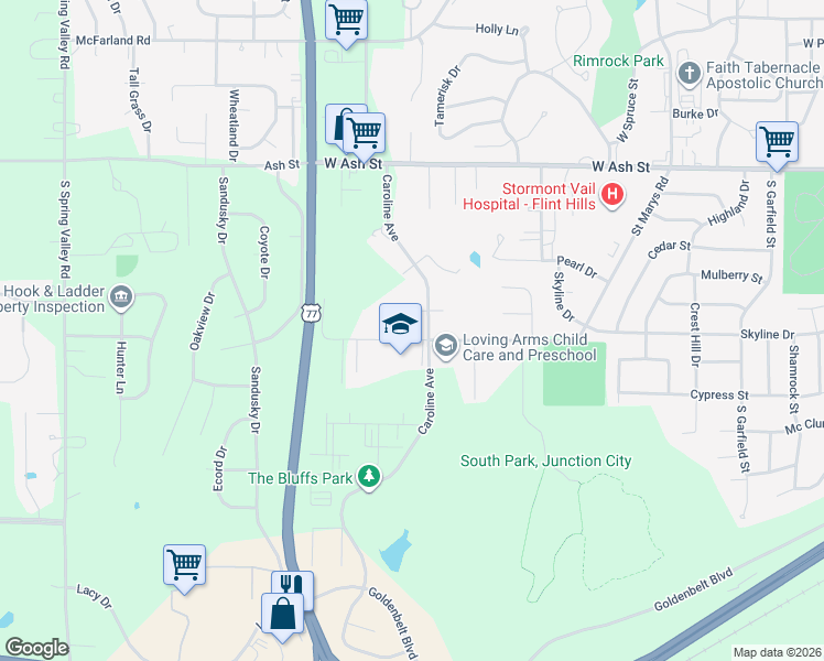 map of restaurants, bars, coffee shops, grocery stores, and more near 1625 St Marys Rd in Junction City
