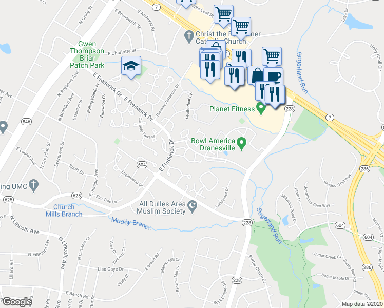 map of restaurants, bars, coffee shops, grocery stores, and more near 21875 Shallow Rock Terrace in Sterling