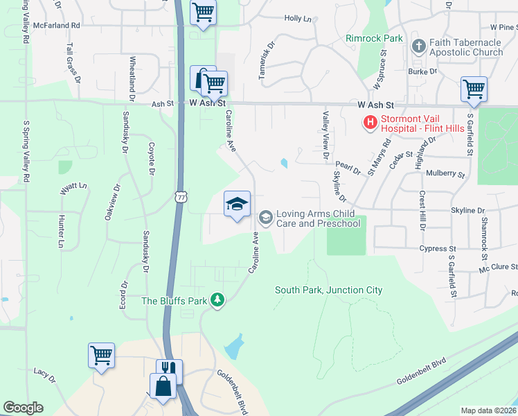 map of restaurants, bars, coffee shops, grocery stores, and more near 1309 Caroline Avenue in Junction City