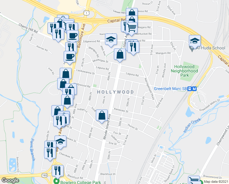 map of restaurants, bars, coffee shops, grocery stores, and more near Rhode Island Ave & Hollywood Rd in College Park