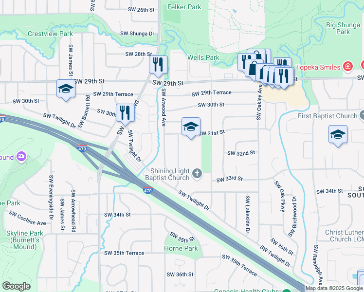 map of restaurants, bars, coffee shops, grocery stores, and more near 3116 Southwest Stone Avenue in Topeka