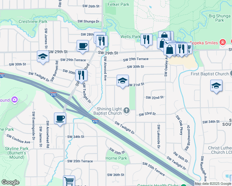 map of restaurants, bars, coffee shops, grocery stores, and more near 3116 Southwest Stone Avenue in Topeka