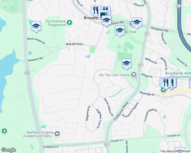map of restaurants, bars, coffee shops, grocery stores, and more near 42838 Glyndebourne Court in Broadlands