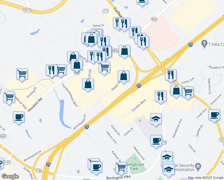 map of restaurants, bars, coffee shops, grocery stores, and more near 317 Meijer Drive in Florence