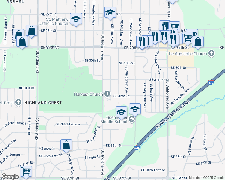 map of restaurants, bars, coffee shops, grocery stores, and more near 3124 Southeast Illinois Avenue in Topeka
