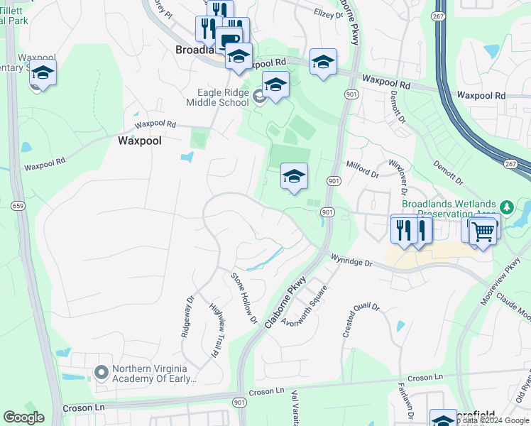 map of restaurants, bars, coffee shops, grocery stores, and more near 42953 Ridgeway Drive in Ashburn