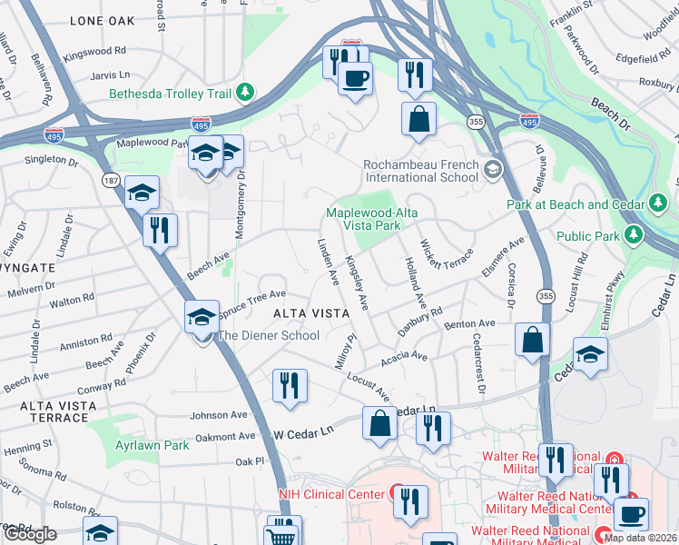map of restaurants, bars, coffee shops, grocery stores, and more near 5312 Alta Vista Road in Bethesda