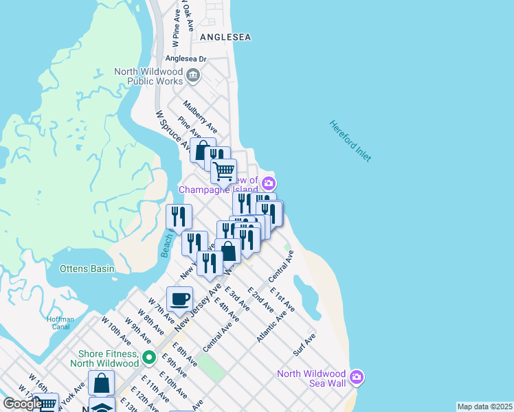 map of restaurants, bars, coffee shops, grocery stores, and more near 131 West Spruce Avenue in North Wildwood