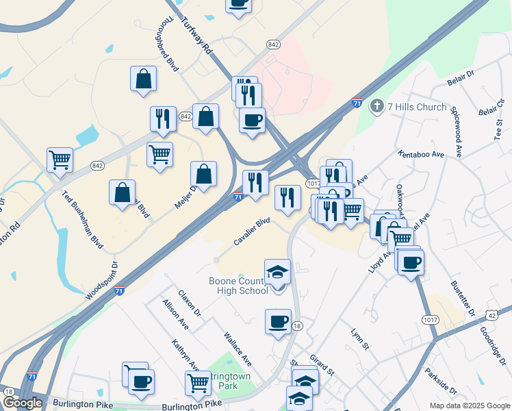 map of restaurants, bars, coffee shops, grocery stores, and more near 40 Cavalier Boulevard in Florence