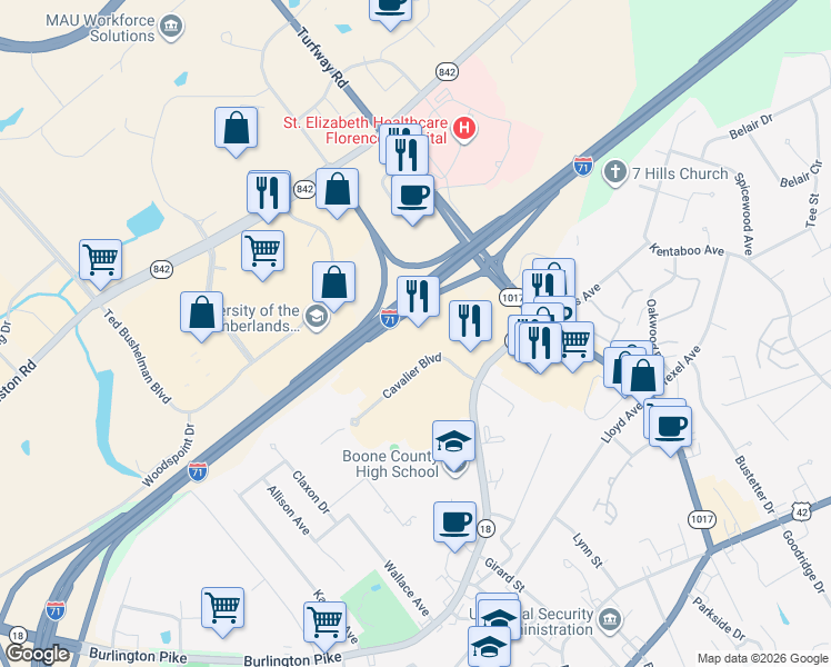 map of restaurants, bars, coffee shops, grocery stores, and more near 40 Cavalier Boulevard in Florence