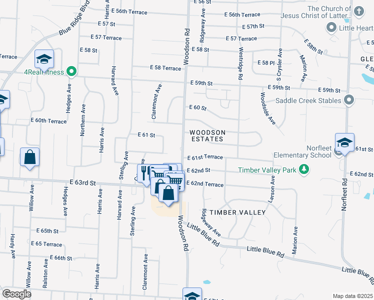 map of restaurants, bars, coffee shops, grocery stores, and more near 6111 Woodson Road in Raytown