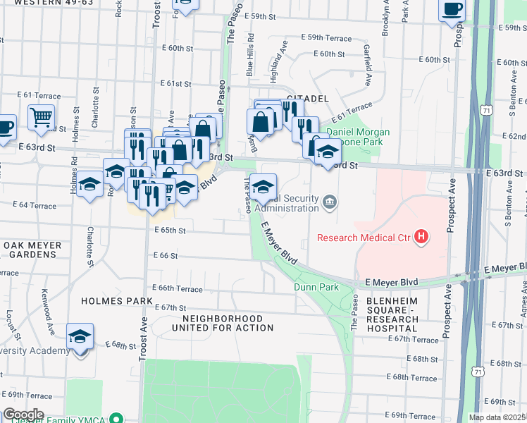 map of restaurants, bars, coffee shops, grocery stores, and more near 6401 The Paseo in Kansas City