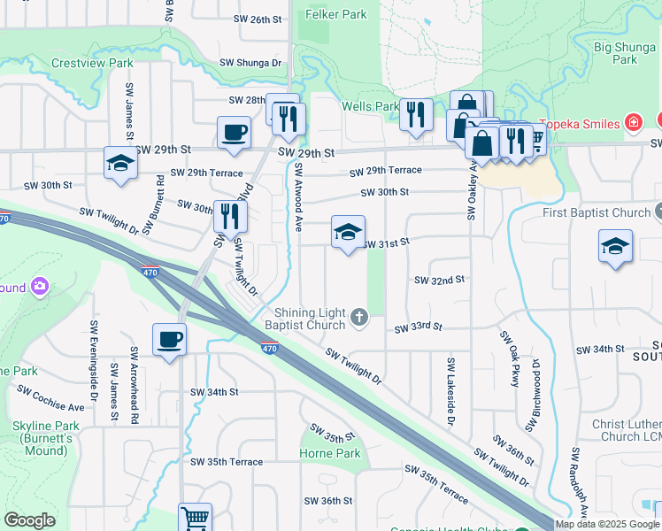 map of restaurants, bars, coffee shops, grocery stores, and more near 3116 Southwest Stone Avenue in Topeka