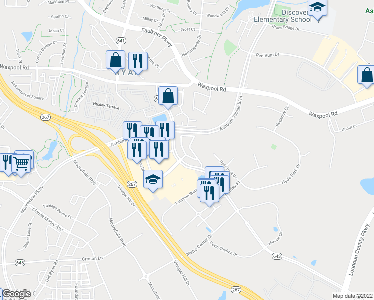 map of restaurants, bars, coffee shops, grocery stores, and more near 21882 Blossom Hill Terrace in Ashburn