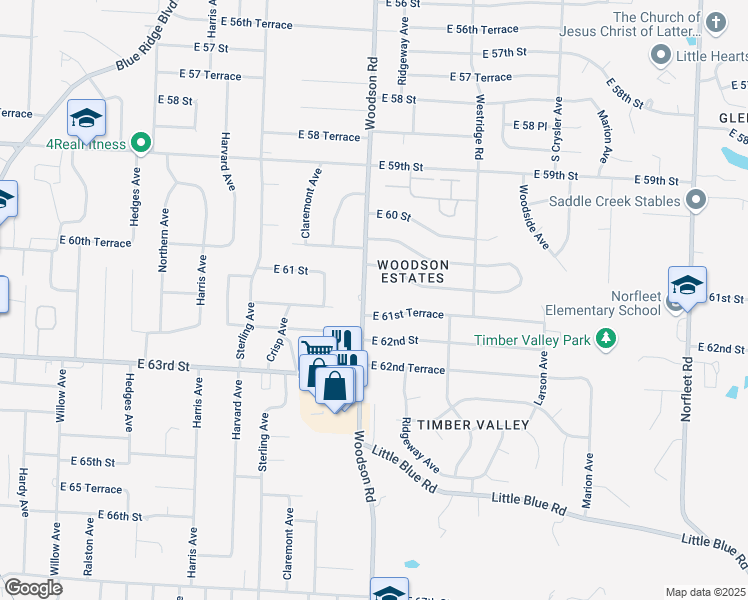 map of restaurants, bars, coffee shops, grocery stores, and more near 6111 Woodson Road in Raytown