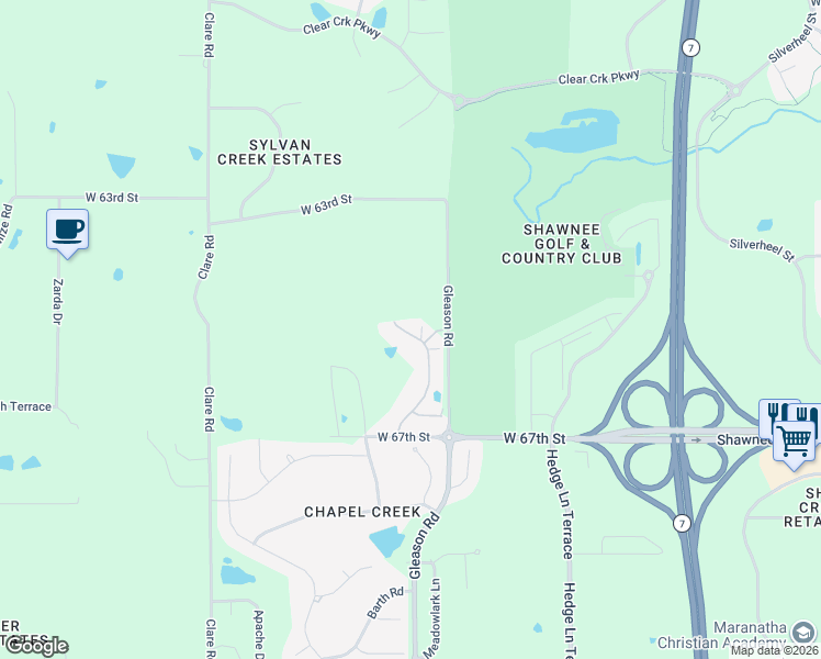map of restaurants, bars, coffee shops, grocery stores, and more near 6473 Barth Road in Shawnee