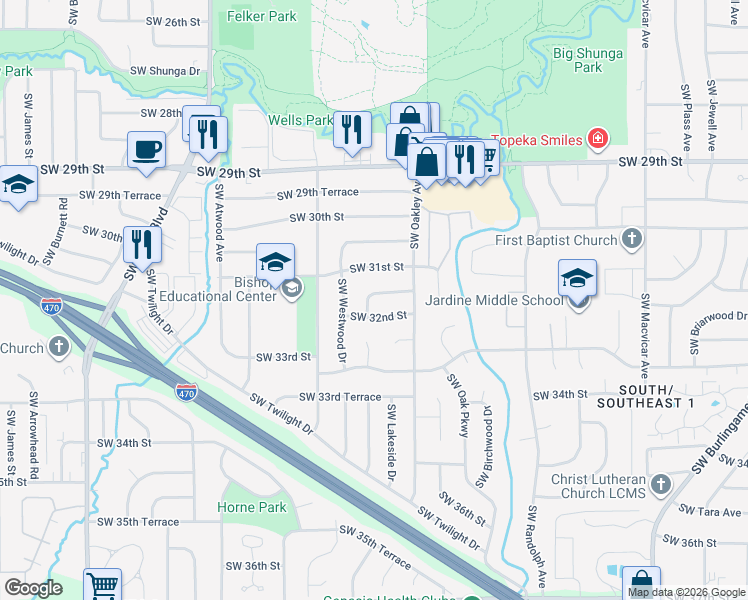 map of restaurants, bars, coffee shops, grocery stores, and more near 3231 Southwest 31st Terrace in Topeka