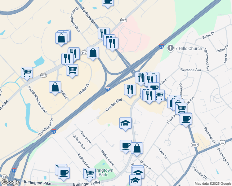 map of restaurants, bars, coffee shops, grocery stores, and more near 40 Cavalier Boulevard in Florence