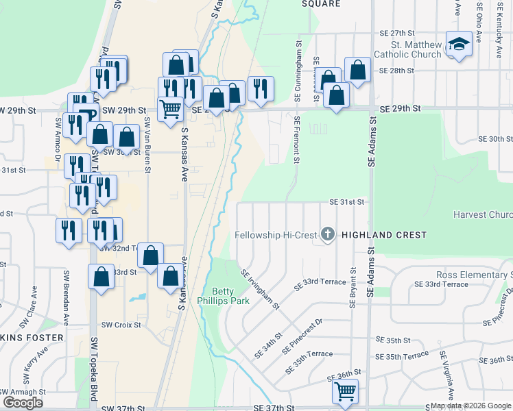 map of restaurants, bars, coffee shops, grocery stores, and more near 3100 Southeast Humboldt Street in Topeka