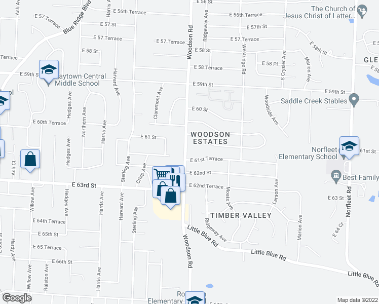 map of restaurants, bars, coffee shops, grocery stores, and more near 6111 Woodson Road in Raytown