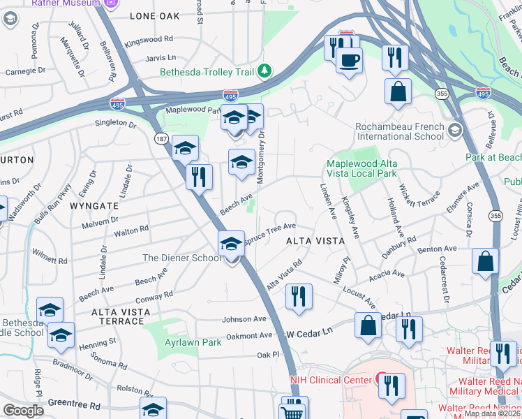 map of restaurants, bars, coffee shops, grocery stores, and more near 9427 Spruce Tree Circle in Bethesda