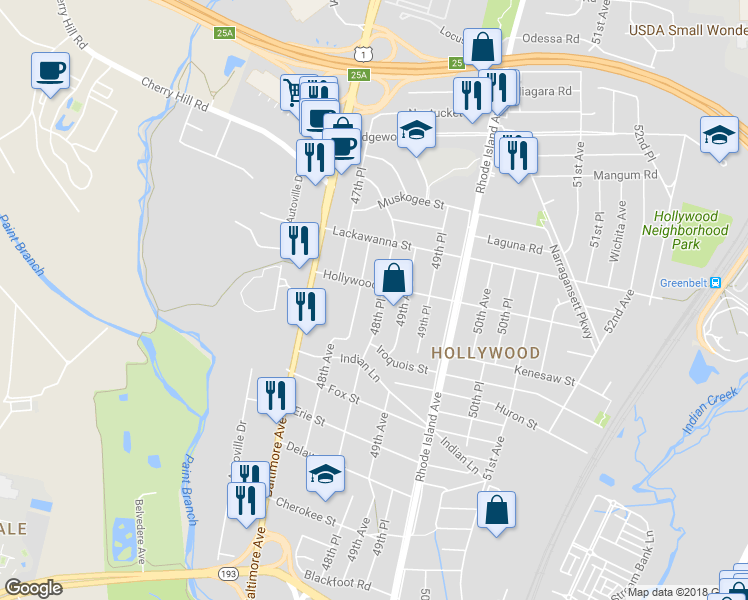 map of restaurants, bars, coffee shops, grocery stores, and more near 9528 48th Pl in College Park