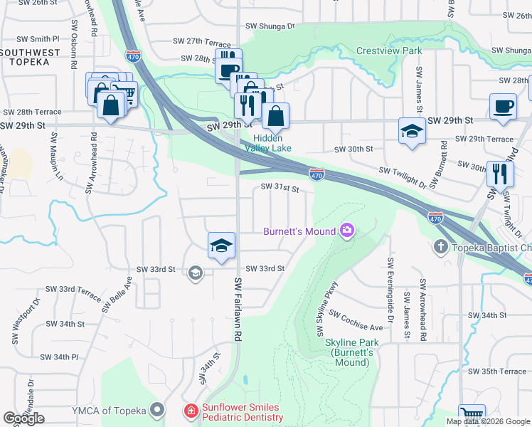 map of restaurants, bars, coffee shops, grocery stores, and more near 3125 Southwest Grand Court in Topeka