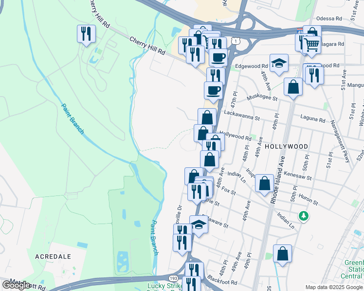 map of restaurants, bars, coffee shops, grocery stores, and more near 9500 Autoville Drive in College Park