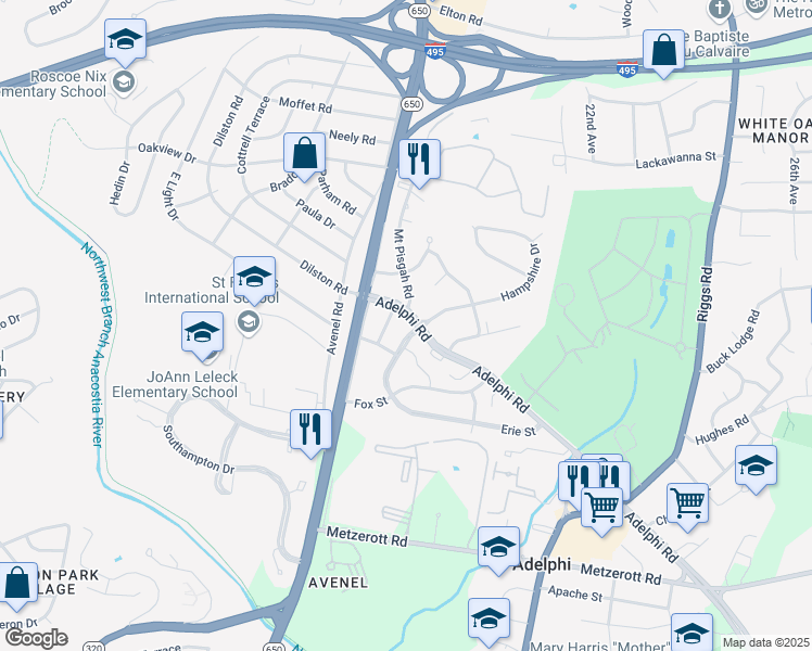 map of restaurants, bars, coffee shops, grocery stores, and more near 9420 Adelphi Road in Hyattsville