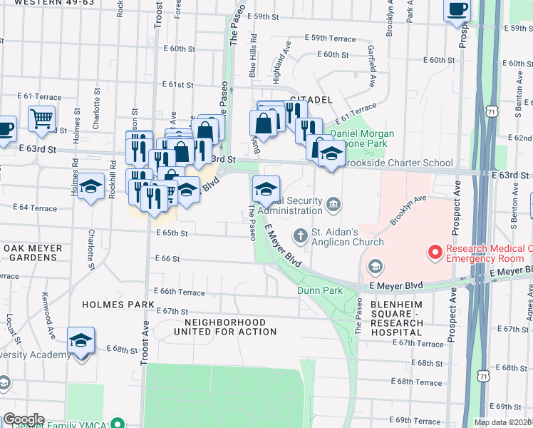 map of restaurants, bars, coffee shops, grocery stores, and more near 6401 The Paseo in Kansas City