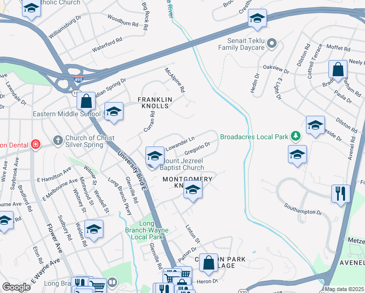 map of restaurants, bars, coffee shops, grocery stores, and more near 719 Lowander Lane in Silver Spring